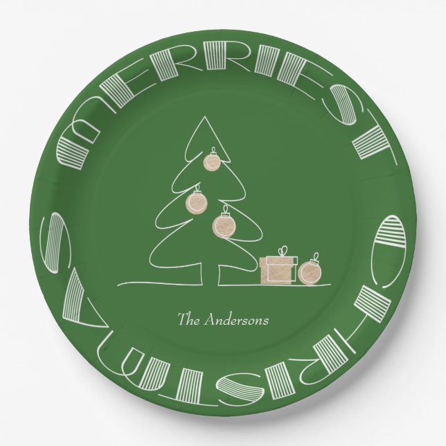 Assiettes En Carton Joyeux arbre de Noël vert (Devant)