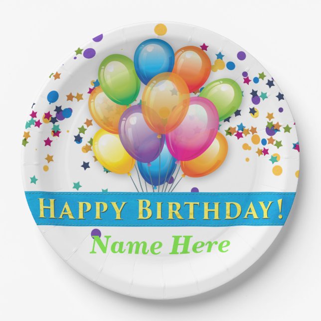 Assiettes En Carton Joyeux ballons d'anniversaire - PERSONNALISER MODÈ (Devant)