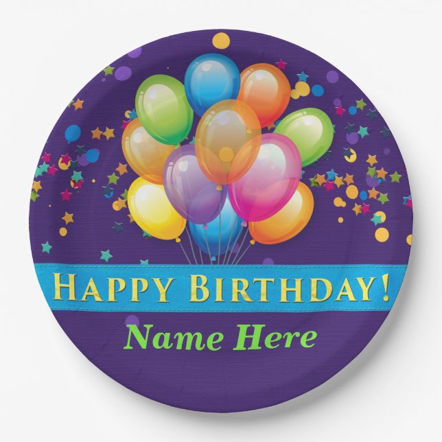 Assiettes En Carton Joyeux ballons d'anniversaire - Personnaliser viol (Devant)