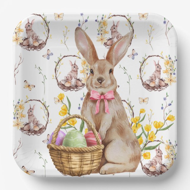 Assiettes En Carton Joyeux Bunnies Brown de Pâques (Recto)