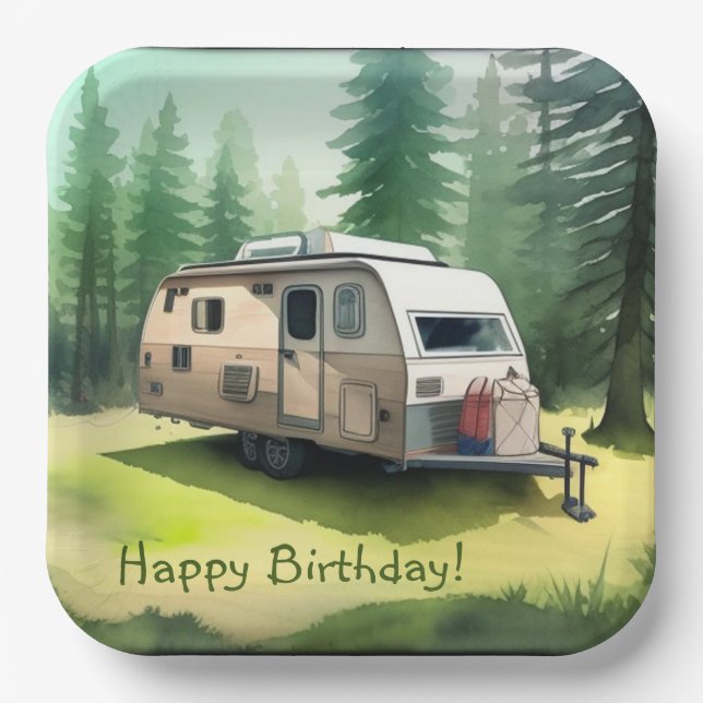 Assiettes En Carton Joyeux Camping d'anniversaire (Recto)