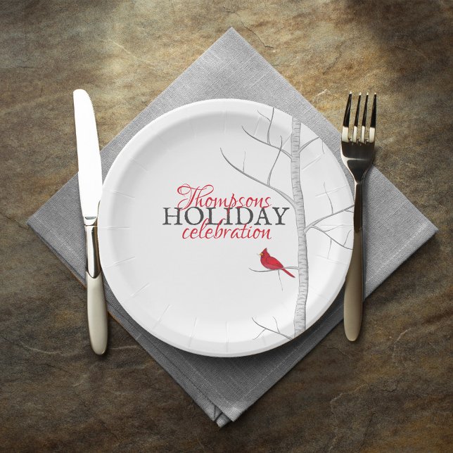 Assiettes En Carton Joyeux Cardinal Rouge de vacances Personnalisé (Red cardinal custom Happy Holidays paper plate. )
