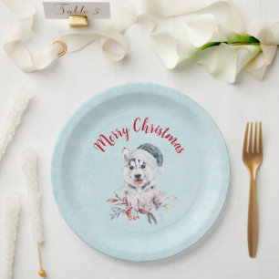 Assiettes En Carton Joyeux Chien Husky Noël dans un chapeau de Père No