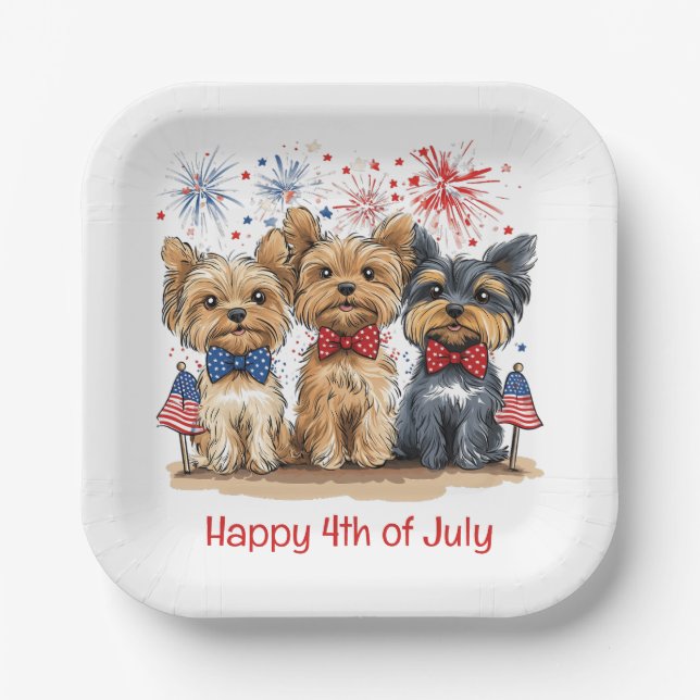 Assiettes En Carton Joyeux Chiens 4 juillet Yorkshire Terrier (Recto)