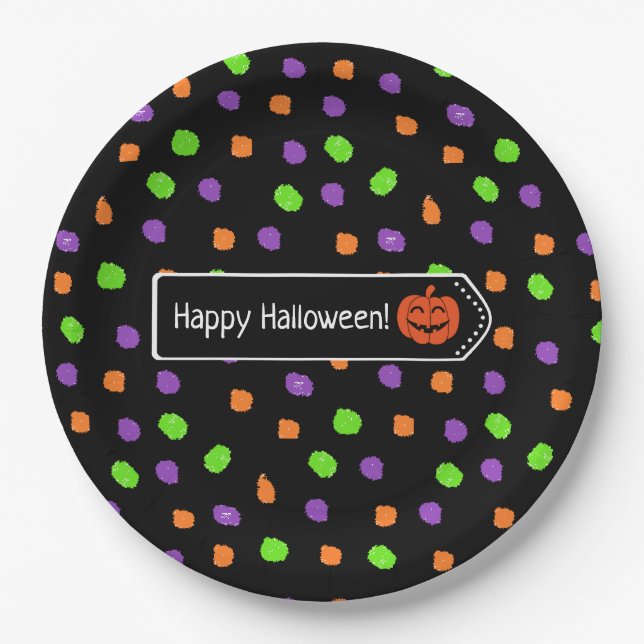 Assiettes En Carton Joyeux Citrouille d'Halloween Polka Dot (Devant)