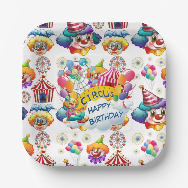 Assiettes En Carton Joyeux Clowns de cirque d'anniversaire (Recto)