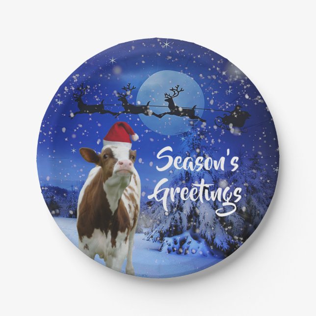 Assiettes En Carton Joyeux Cowristmas Père Noël Vacances Vache (Devant)