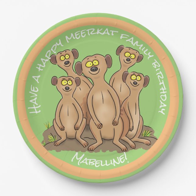 Assiettes En Carton Joyeux dessin d'anniversaire de la famille Meerkat (Devant)