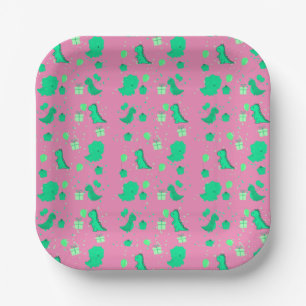 Assiettes En Carton Joyeux Dinomight Anniversaire vert rose