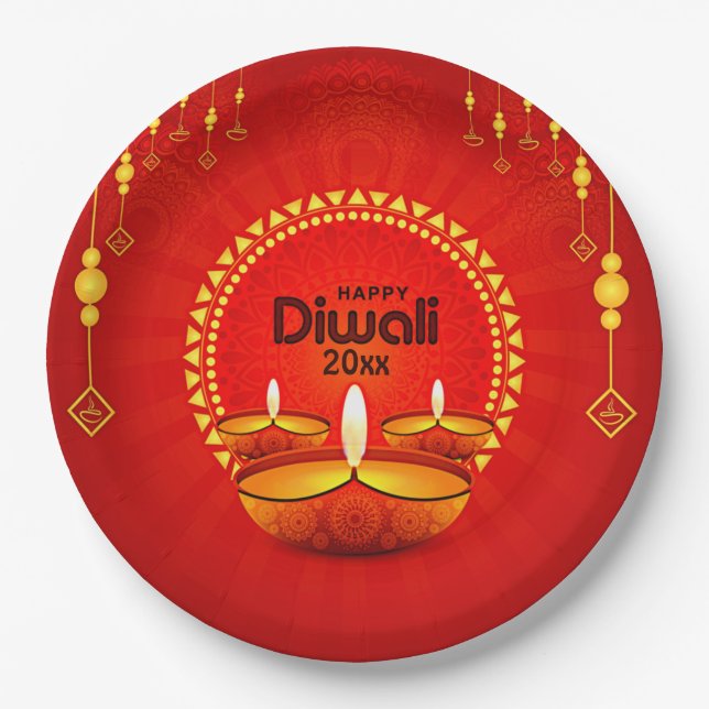 Assiettes En Carton Joyeux Diwali 20xx Ajouter année ou texte rouge ja (Devant)