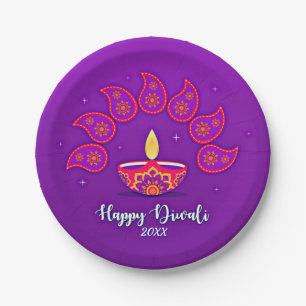 Assiettes En Carton Joyeux Diwali Ajouter Année 20xx Purple Jaune Roug