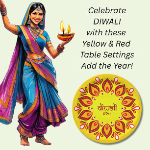 Assiettes En Carton Joyeux Diwali Ajouter année Jaune Rouge 9" Plaque