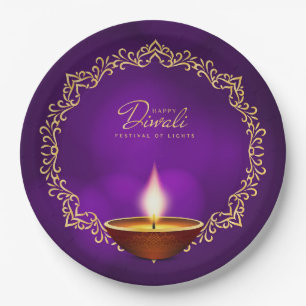 Assiettes En Carton Joyeux Diwali violet 9"