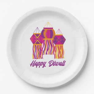 Assiettes En Carton Joyeux Diwali violet rose jaune lanterne personnal