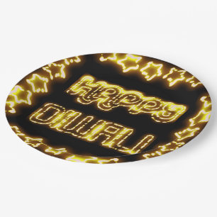 Assiettes En Carton Joyeux Diwali Yellow Golden Lights Typographie éto