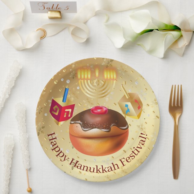 Assiettes En Carton Joyeux Donuts de vacances Hanoukka et Menorah Gold (Mariage)