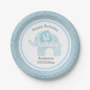 Assiettes En Carton Joyeux ęr anniversaire d'éléphant bleu