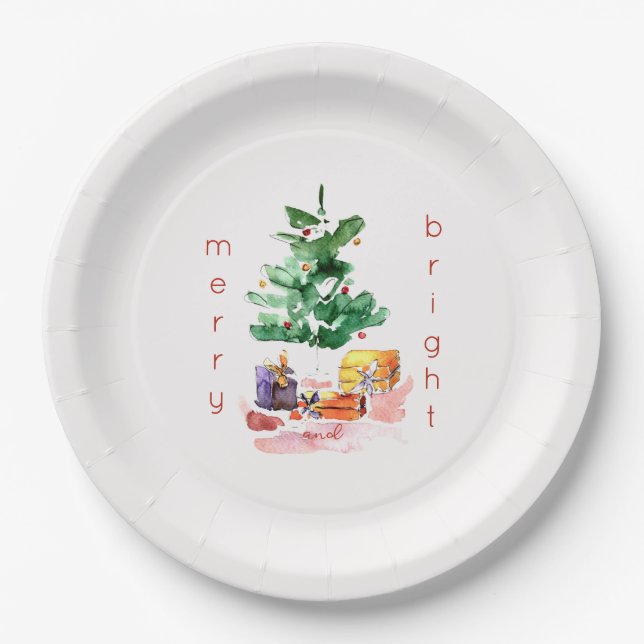 Assiettes En Carton Joyeux et lumineux sapin de Noël moderne (Devant)