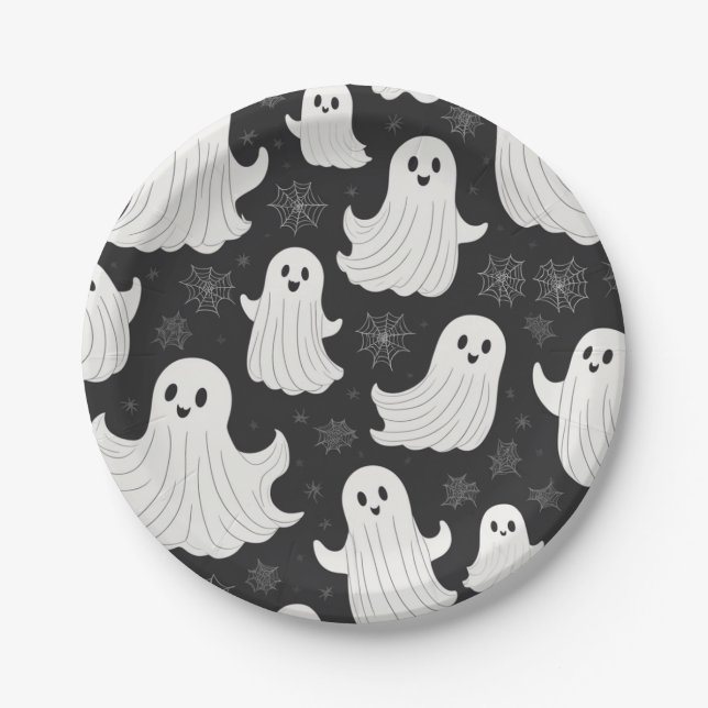 Assiettes En Carton Joyeux Fantôme d'Halloween noir et blanc (Devant)