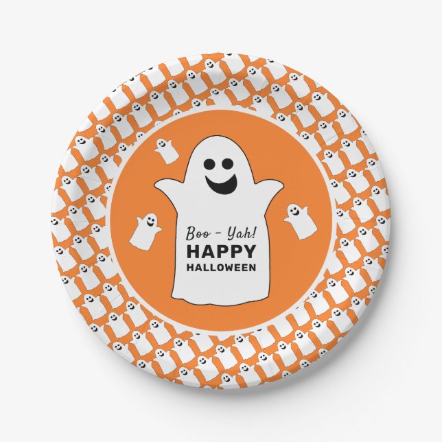Assiettes En Carton Joyeux Fantôme, fête d'Halloween orange (Devant)