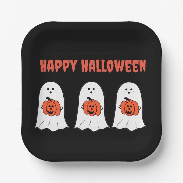 Assiettes En Carton Joyeux Fantômes d'Halloween avec Jack-o-Lanterns (Recto)