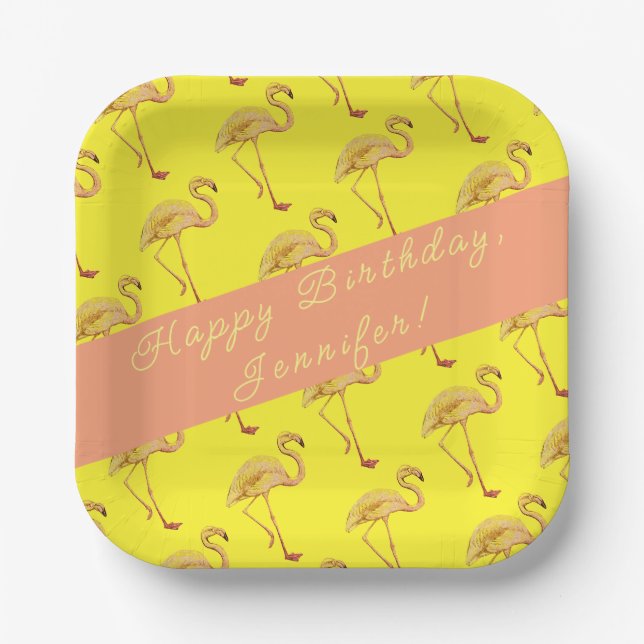 Assiettes En Carton Joyeux Flamants roses d'anniversaire personnalisés (Recto)