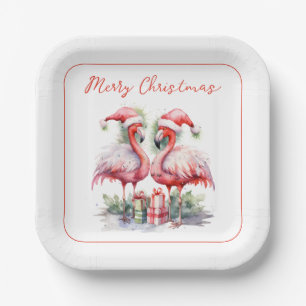 Assiettes En Carton Joyeux Flamants roses roses de Noël