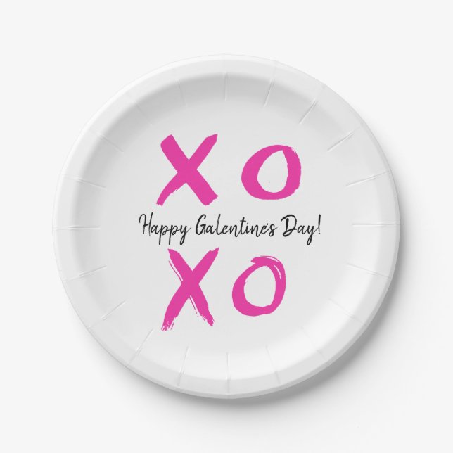 Assiettes En Carton Joyeux Galentine's Day rose blanc XOXO (Devant)
