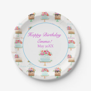 Assiettes En Carton Joyeux gâteaux d'aquarelle d'anniversaire