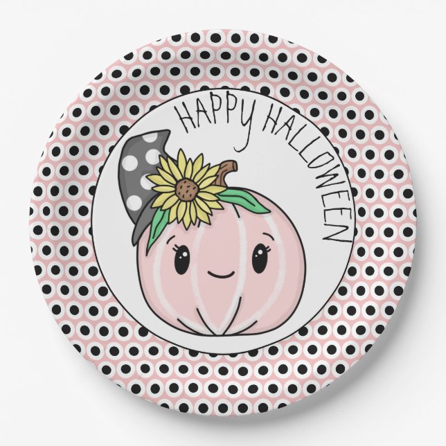 Assiettes En Carton Joyeux Halloween | Citrouille rose et Pois (Devant)
