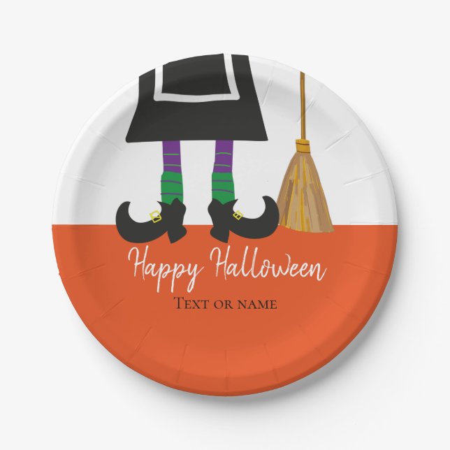 Assiettes En Carton Joyeux Halloween en sorcière Jambes personnalisées (Devant)