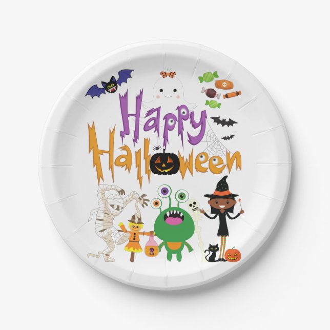 Assiettes En Carton Joyeux Halloween Enfants mignonnes et Éffrayants (Devant)