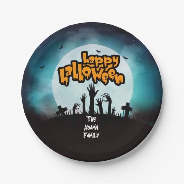 Assiettes En Carton Joyeux Halloween Fête de Cimetière de Zombie (Devant)