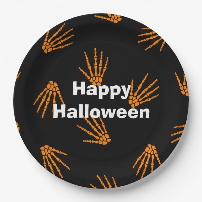 Assiettes En Carton Joyeux Halloween Party Orange Bones (Devant)