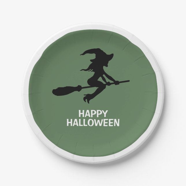 Assiettes En Carton Joyeux Halloween, Sorcière Sur Broomstick (Devant)