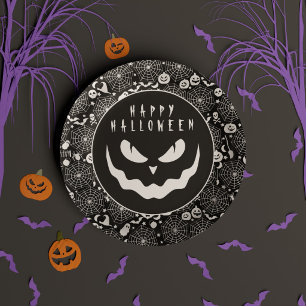 Assiettes En Carton Joyeux Halloween Visage de Citrouille Noir & Blanc