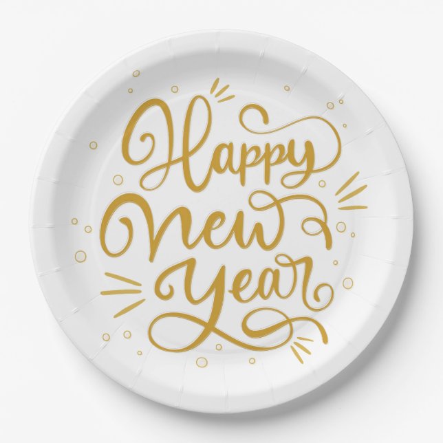 Assiettes En Carton Joyeux Jour de l'année Gold Calligraphie Script (Devant)
