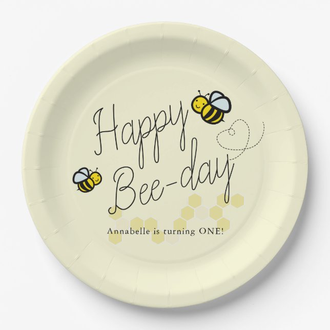 Assiettes En Carton Joyeux Jour des abeilles Fille Jaune Anniversaire (Devant)