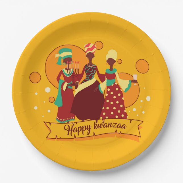 Assiettes En Carton Joyeux Kwanzaa 3 dames 9" (Devant)