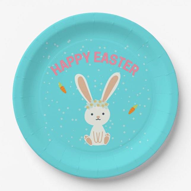Assiettes En Carton Joyeux lapin blanc de Pâques sur bleu (Devant)