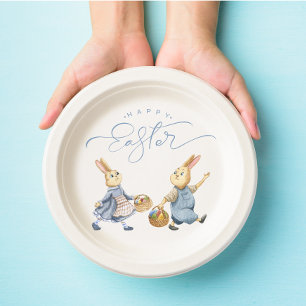 Assiettes En Carton Joyeux lapins de Pâques avec paniers d'oeufs