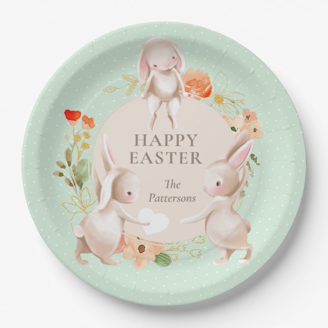 Assiettes En Carton Joyeux lapins lapins de Pâques Floral Personnalisé (Devant)