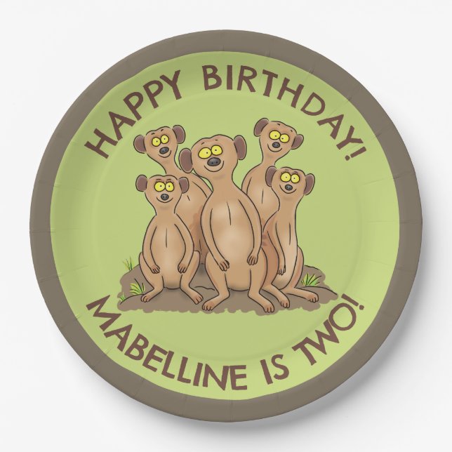 Assiettes En Carton Joyeux meerkats personnalisées dessin d'anniversai (Devant)