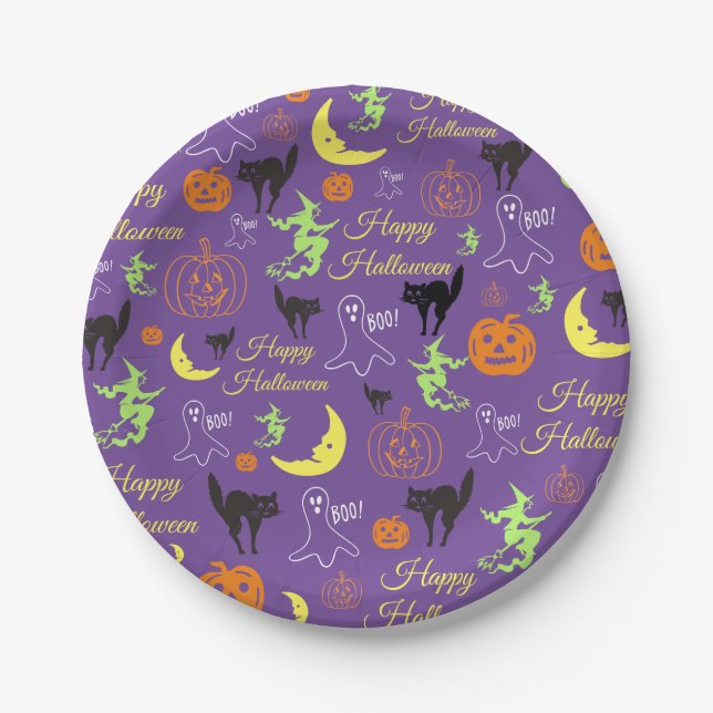 Assiettes En Carton Joyeux Motif d'Halloween violet (Devant)