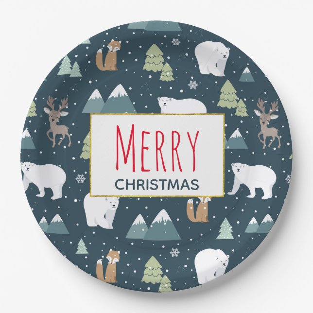 Assiettes En Carton Joyeux Noël Animaux d'hiver Motif rustique (Devant)