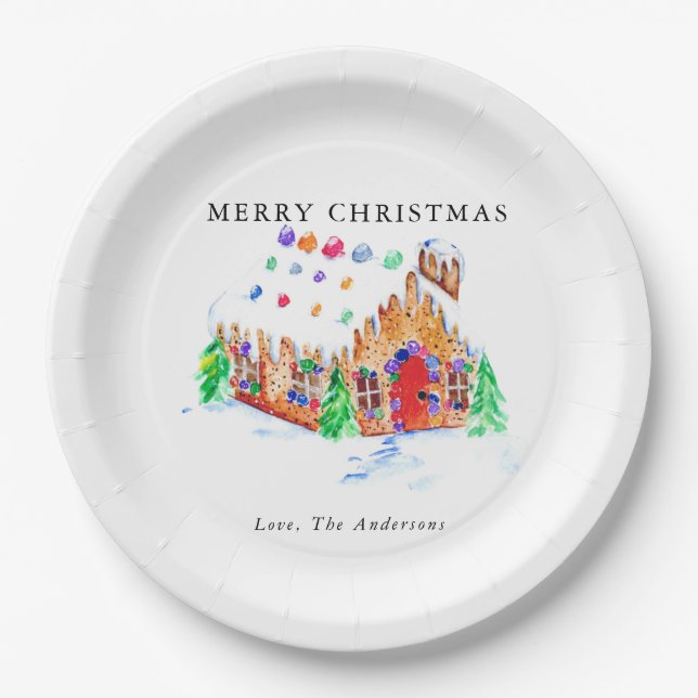 Assiettes En Carton Joyeux Noël Aquarelle Pain d'épice Maison mignonne (Devant)