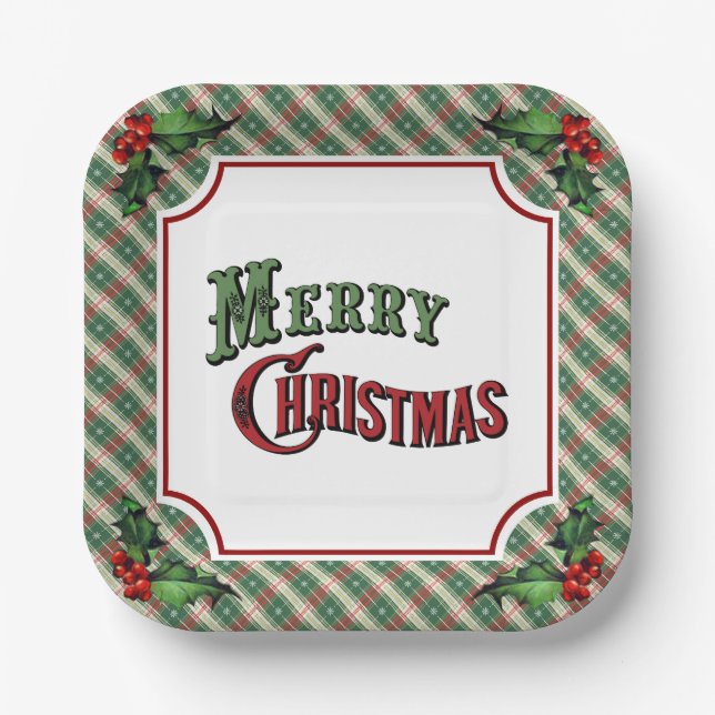 Assiettes En Carton Joyeux Noël avec Holly (Recto)