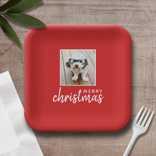 Assiettes En Carton Joyeux Noël avec une photo Carré - rouge