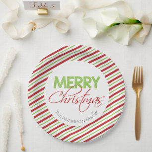 Assiettes En Carton Joyeux Noël   Bandes rouges et vertes
