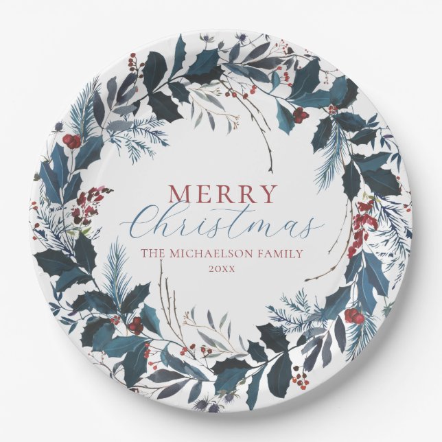 Assiettes En Carton Joyeux Noël Bleu Vert Holly Aquarelle (Devant)